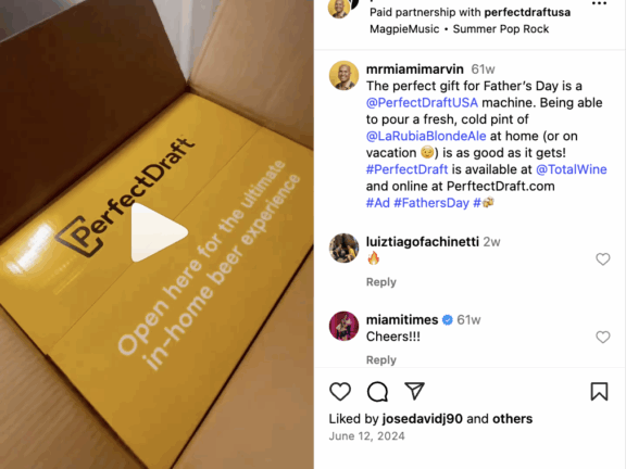 Marvin (@mrmiamimarvin) for PerfectDraft — led sourcing and end-to-end campaign management for a regional Miami activation. Campaign generated $802 in tracked sales, 16.6K reach, and 14K video views.