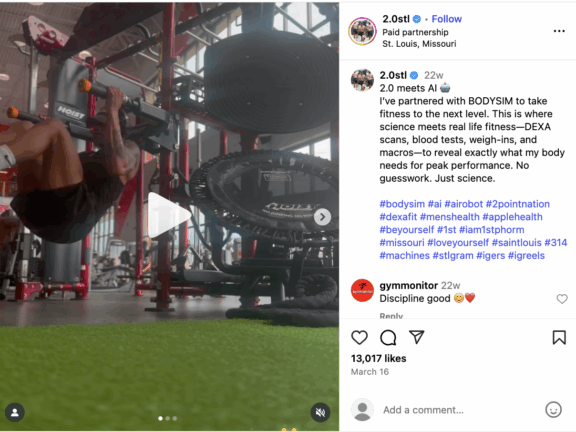 Rian (@2.0stl) for fitness app launch — sourced St. Louis influencers and managed end-to-end campaign execution using an affiliate gifting model.